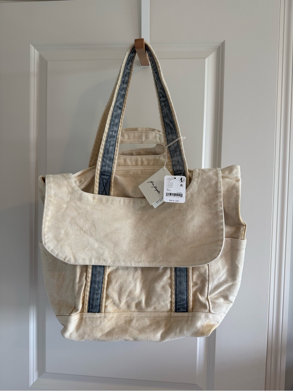 Free People Natural Cordes Canvas Tote Denim NWT